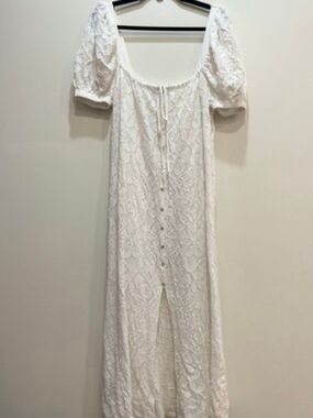Zara White Textured Lace Maxi Dress, Drop Shoulders